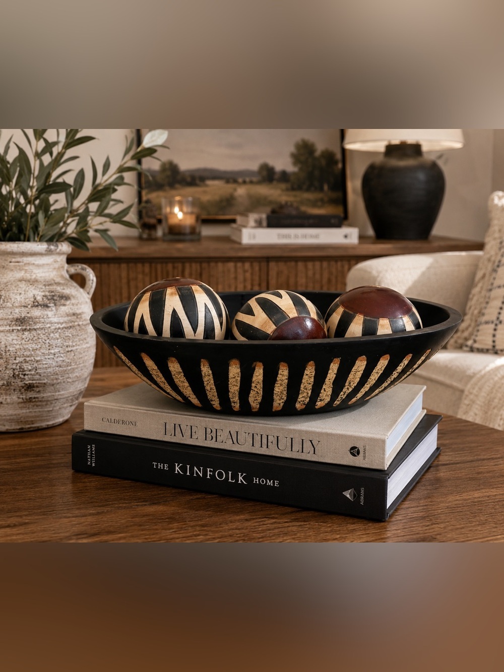 Black Tan Wooden Decorative Bowl Set | Zebra Stripe Orbs Centerpiece Decor